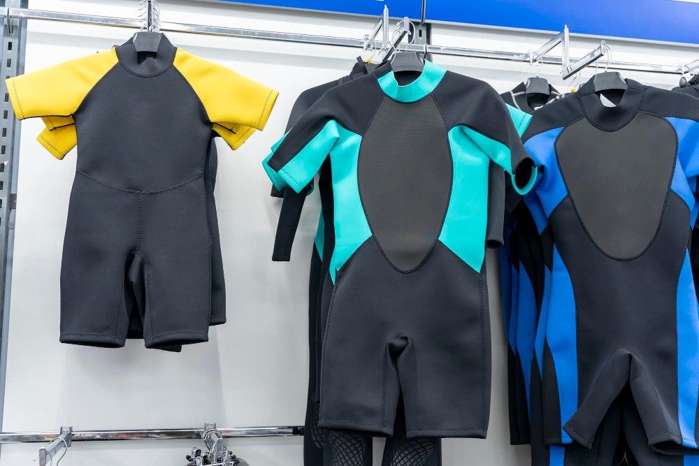 Image of  neoprene wetsuits in a shop