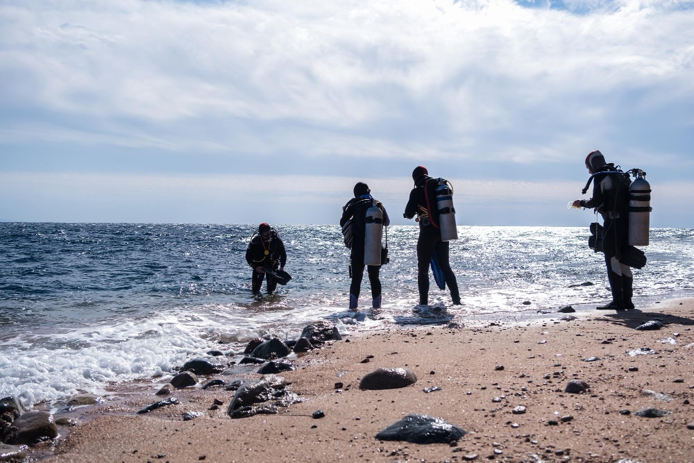 Image of scuba divers on the beach 